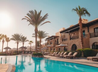 Fototapeta premium A picturesque resort featuring a serene swimming pool, palm trees, and luxurious lounge chairs, perfect for relaxation under the sun near the building