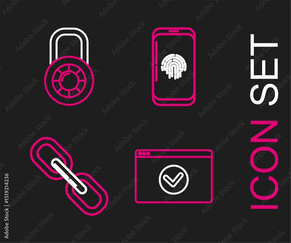 Poster set line secure your site with https, ssl, chain link, smartphone fingerprint scanner and safe combi