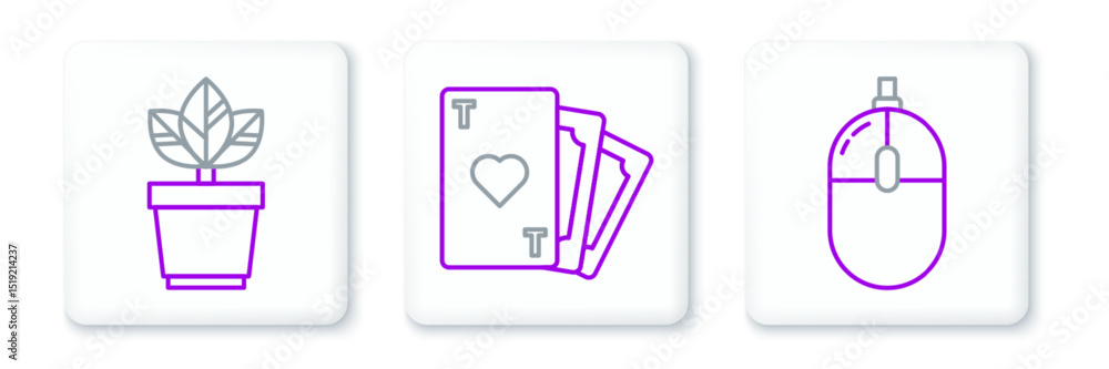 Poster set line computer mouse, flowers in pot and playing card with heart symbol icon. vector