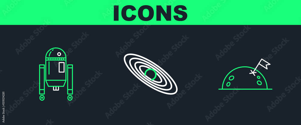 Poster set line planet with flag, robot and icon. vector