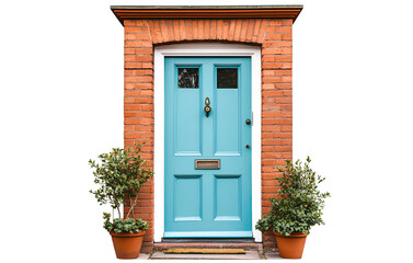 Colorful Urban Front Door with Brick Frame and Plants, Isolated PNG