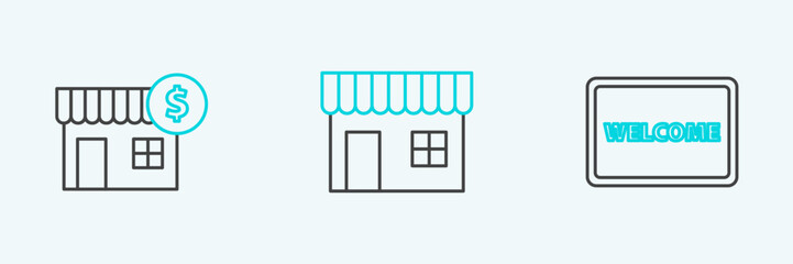Set line Doormat with the text Welcome, House dollar symbol and Shopping building market store icon. Vector