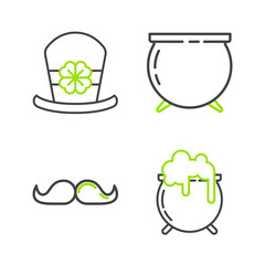 Set line Witch cauldron, Mustache, and Leprechaun hat and four leaf clover icon. Vector