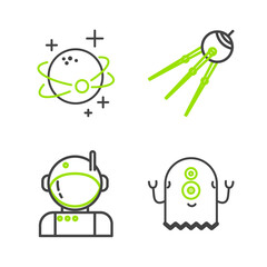 Set line Alien, Astronaut, Satellite and Planet icon. Vector