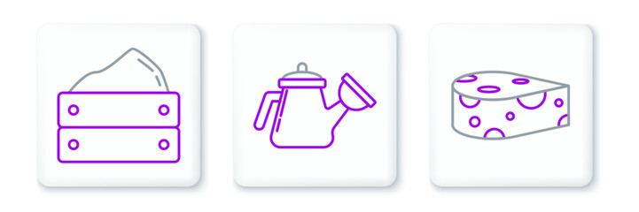 Obraz premium Set line Cheese, Wooden box with harvest and Watering can icon. Vector
