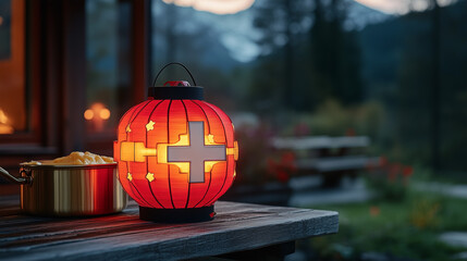 Glowing Swiss lantern beside cheese fondue, white cross on red. Celebrating national pride with rustic alpine charm.
