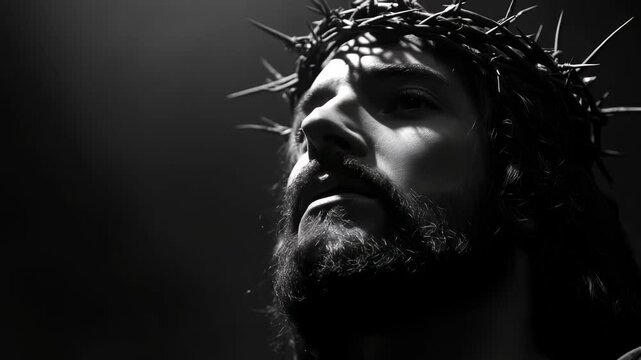 Dramatic close-up video angle of a solemn figure with a crown of thorns, in black and white, highlighting intense emotion and depth. Live desktop wallpaper.