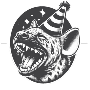 Vintage Hand-Drawn Hyena Laughing with Party Hat Illustration, Wildlife Animal Engraved Style Vector for T-Shirts and Celebration Themes Design