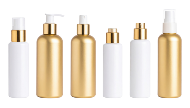 A set of elegant cosmetic bottles with gold and white finishes, featuring various pump and spray tops.