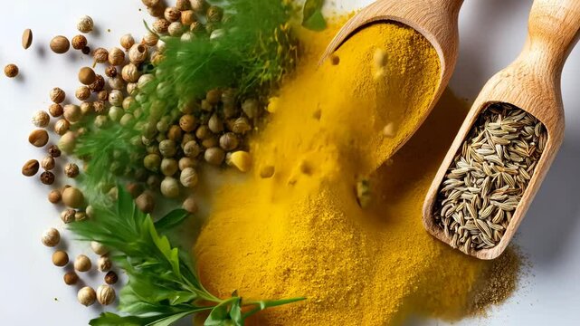 Variety of spices and herbs are displayed on a white background. The spices include cumin, coriander, and turmeric. The herbs include parsley and cilantro
