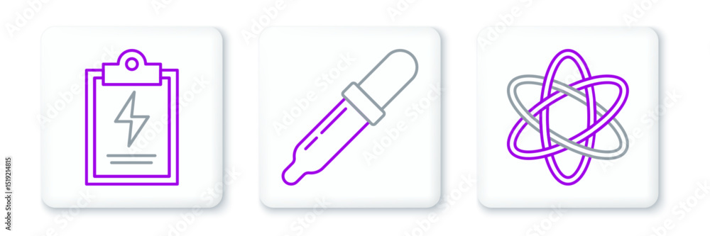 Poster set line atom, laboratory clipboard with checklist and pipette icon. vector