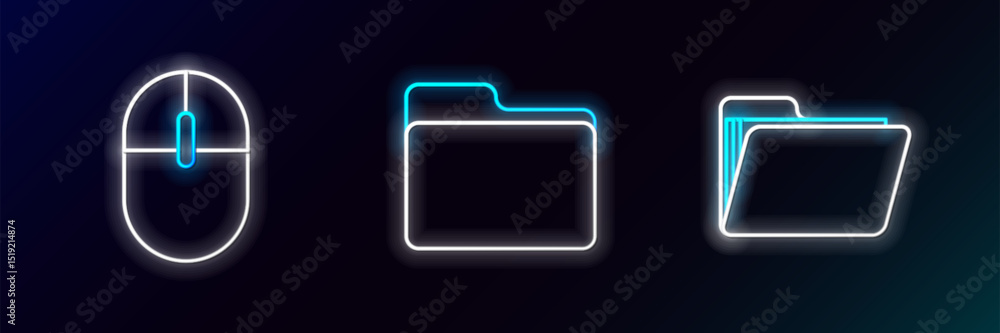 Poster set line document folder, computer mouse and icon. glowing neon. vector