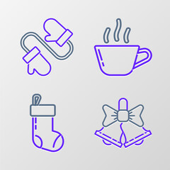 Set line Merry Christmas ringing bell, stocking, Coffee cup and Pair knitted christmas mittens icon. Vector