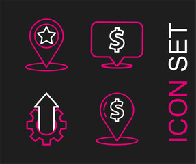 Set line Cash location pin, Arrow growth gear business, Speech bubble with dollar and Map pointer star icon. Vector