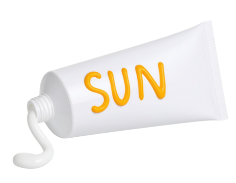 White tube with the word "SUN" written in yellow cream, nozzle open with cream squeezed out.