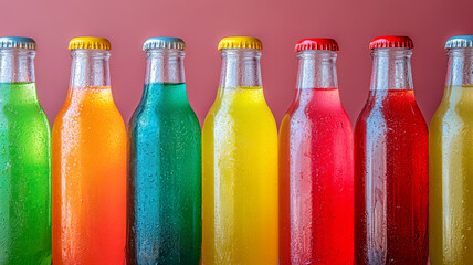 Colorful soda bottles on a red background.