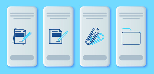 Set line Blank notebook and pen, Paper clip, pencil with eraser and Document folder icon. Vector