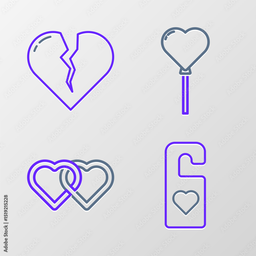 Poster set line please do not disturb with heart, two linked hearts, balloons form of and broken divorce ic