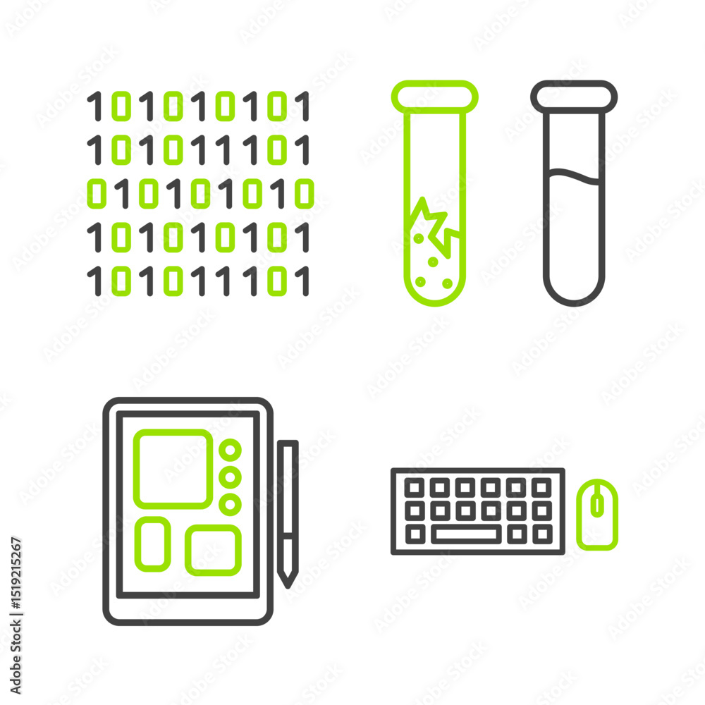 Poster set line keyboard and mouse, graphic tablet, test tube flask and binary code icon. vector