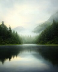 Fototapeta premium Tranquil Misty Morning Reflection Over Serene Lake Surrounded by Lush Evergreen Forests and Majestic Mountains