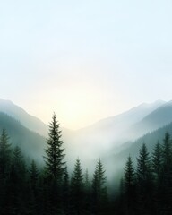 Fototapeta premium Serene Morning Mist Over Pine Forest and Mountainous Landscape at Sunrise in Tranquil Nature Setting