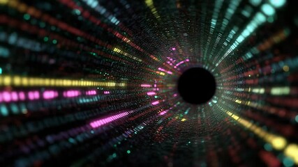 Colorful tunnel of blurred binary codes converging into a digital vortex. Blockchain visual metaphor, token-based systems, encrypted transactions, data decentralization - Powered by Adobe