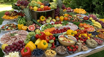 Festive Catering Table Display of Fruits and Appetizers