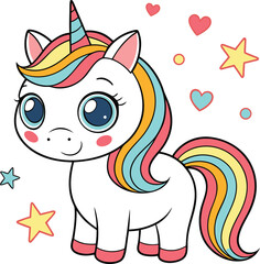 Adorable cartoon unicorn with rainbow mane and tail