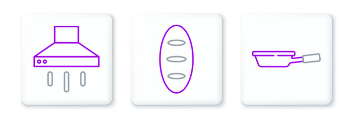 Set line Frying pan, Kitchen extractor fan and Bread loaf icon. Vector