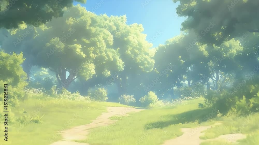 Poster 太陽光が差し込む緑豊かな森林の風景 白い空の下の緑の木々 と 草に覆われた小道 絵画的な自然の風景を捉えたアドビストックフォト