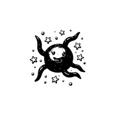 Whimsical Creature Surrounded by Stars in Black and White Illustration Style
