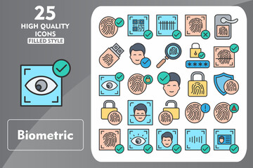 Biometric Line Filled Icon Set. Incleded Icons Fingerprint, Lock, Info, Warning, Biometric Recognition, Eye Recognition, Facial Recognition. Vector Icons Collection