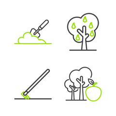 Set line Tree with apple, Garden rake in work, pears and trowel spade shovel the ground icon. Vector