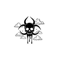 Skull with biohazard symbol amidst clouds in a stylized monochromatic design