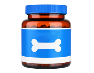 A brown plastic jar with a blue lid and a blue label featuring a white bone graphic.