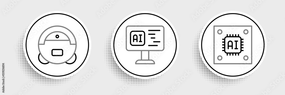 Poster set line processor with microcircuits cpu, robot vacuum cleaner and software icon. vector