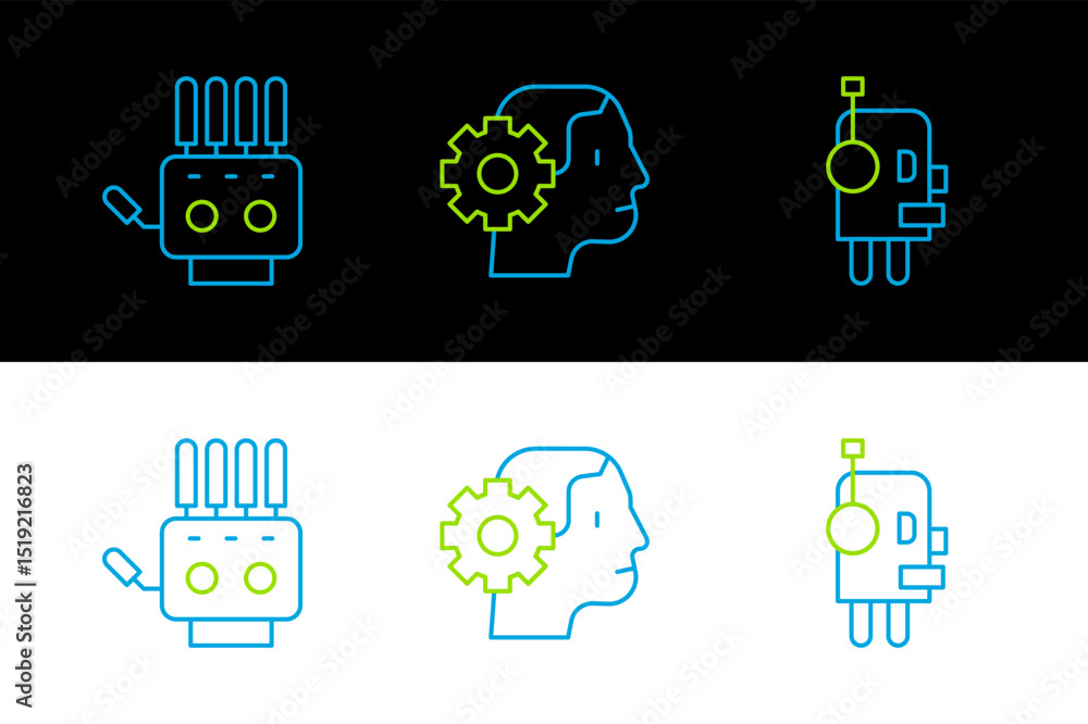 Poster set line robot, mechanical robot hand and humanoid icon. vector