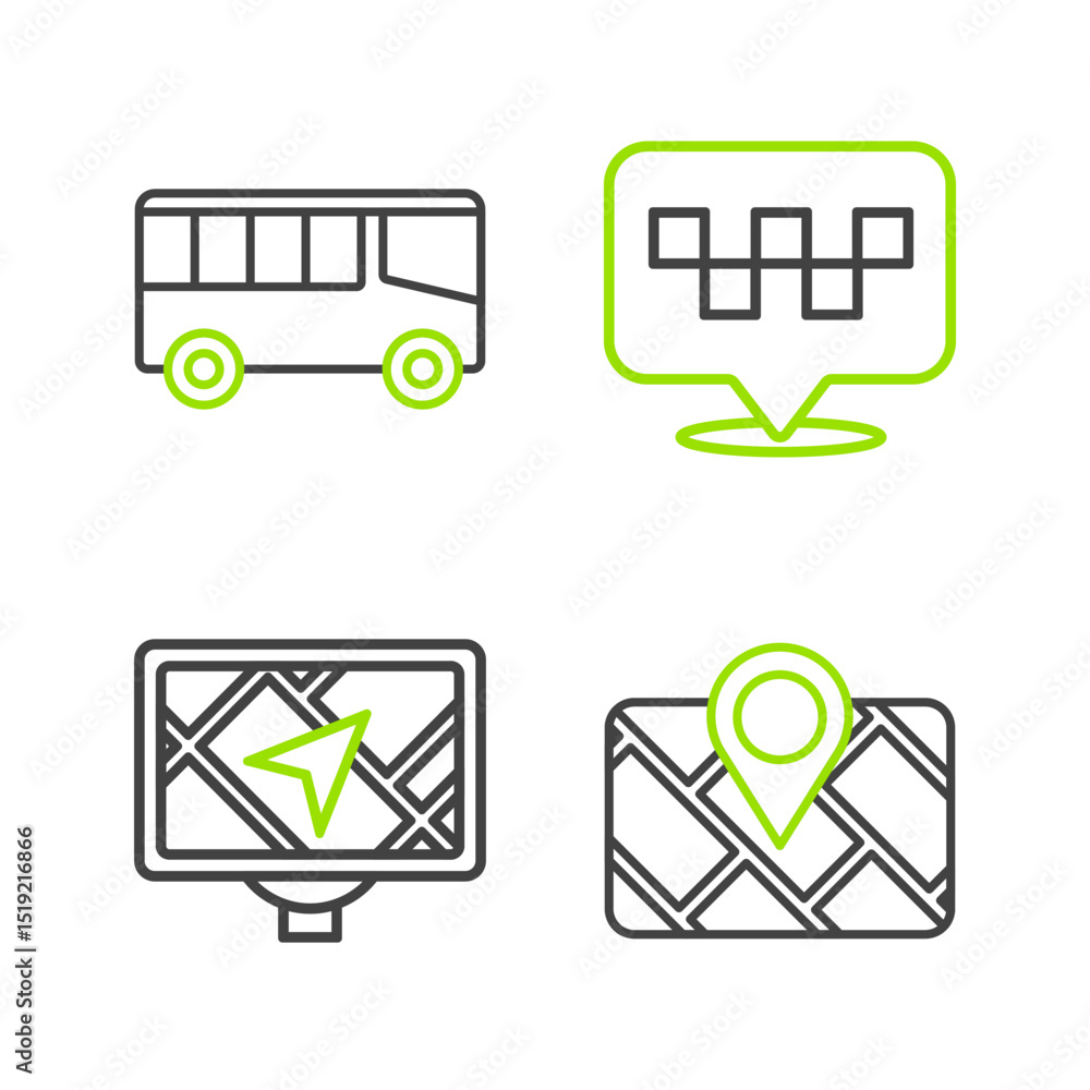 Poster set line gps device with map, location taxi and bus icon. vector