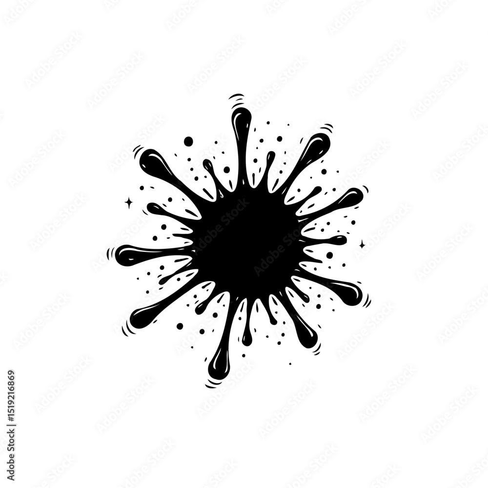 Poster abstract black ink blot explosion with dynamic splatters and sparkling effects