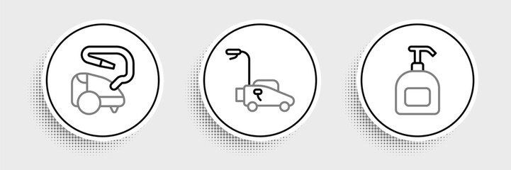 Set line Bottle of liquid soap, Vacuum cleaner and Lawn mower icon. Vector