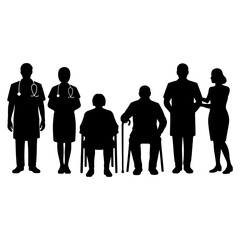 Silhouette illustration of medical professionals and elderly patients in black and white style