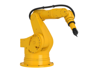 A yellow industrial robotic arm with multiple joints and a gripper attachment.