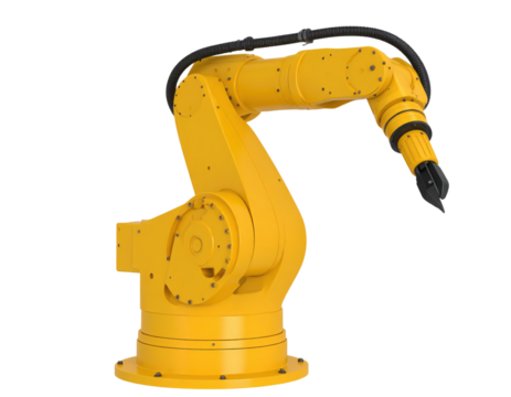 A yellow industrial robotic arm with multiple joints and a gripper attachment.
