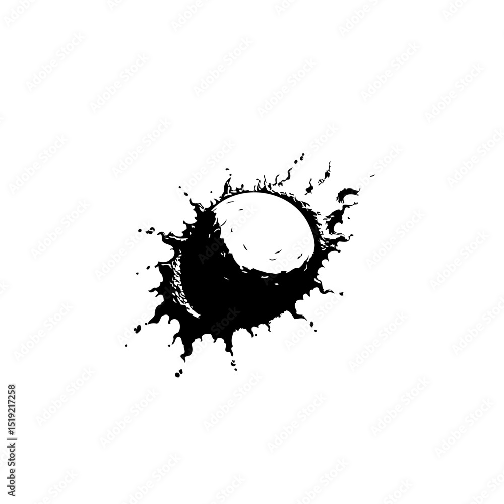 Poster abstract design of a dark ink blot with radial splatter on white backdrop