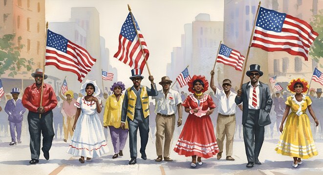 African American Community Parade with US Flags in Watercolor