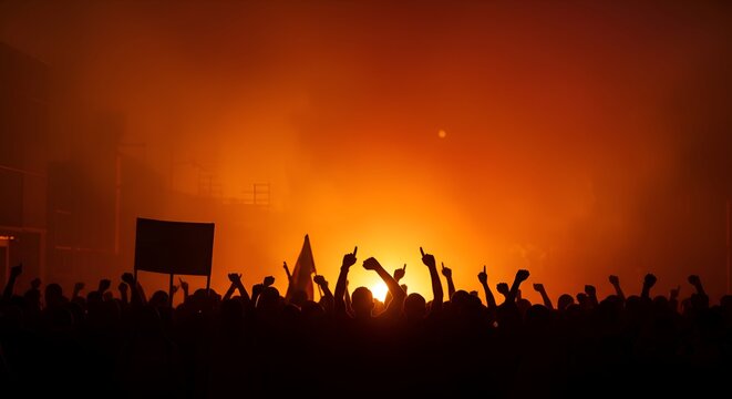 Crowd of protesters during demonstration at night - Powered by Adobe