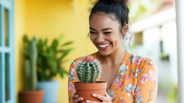 Young hispanic female joyfully admiring cactus on sunny day
