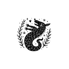 Mystical creature illustration with a wolf-like figure and floral elements
