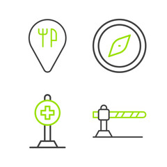 Set line Parking car barrier, Location with cross hospital, Compass and Cafe and restaurant location icon. Vector