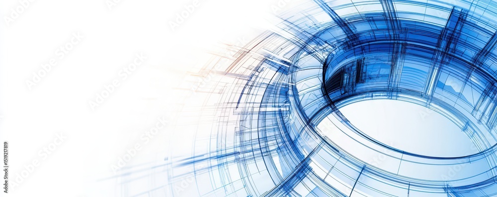 Poster abstract blue and white digital structure with circular, geometric lines and transparent layers, evo